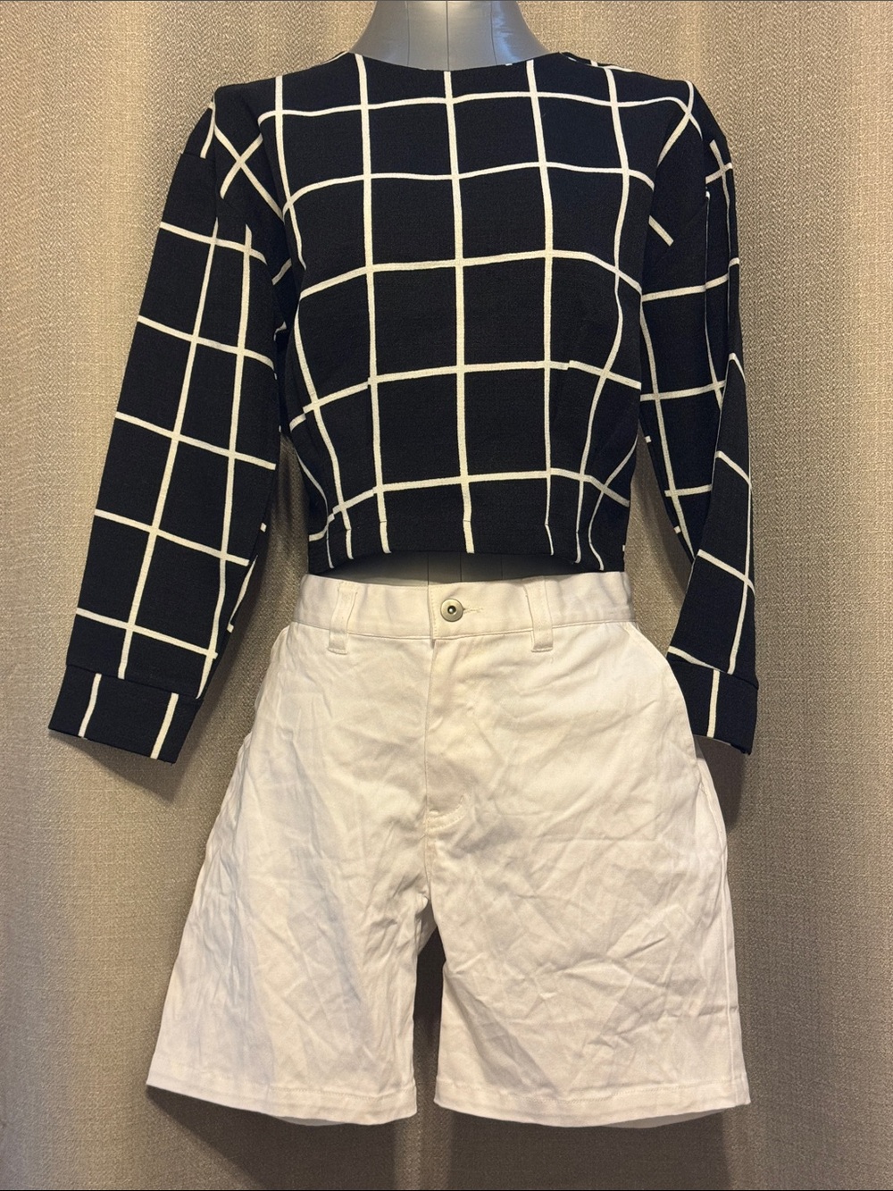Black Windowpane Crop Classic Grid Back Zippered Blouse with WhiteCrop Shorts